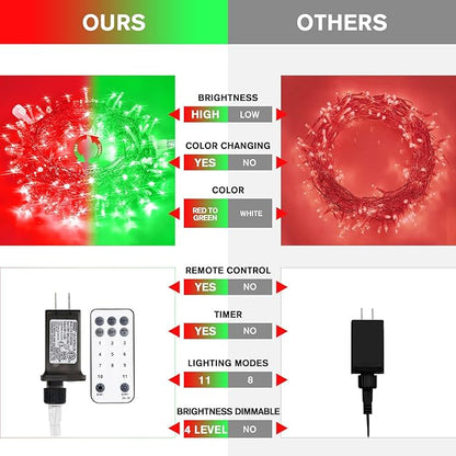JMEXSUSS 100 LED Red & Green Christmas Lights Plug in, Christmas String Lights Indoor, 33ft Connectable Color Changing Christmas Lights Outdoor for Christmas Party Decor
