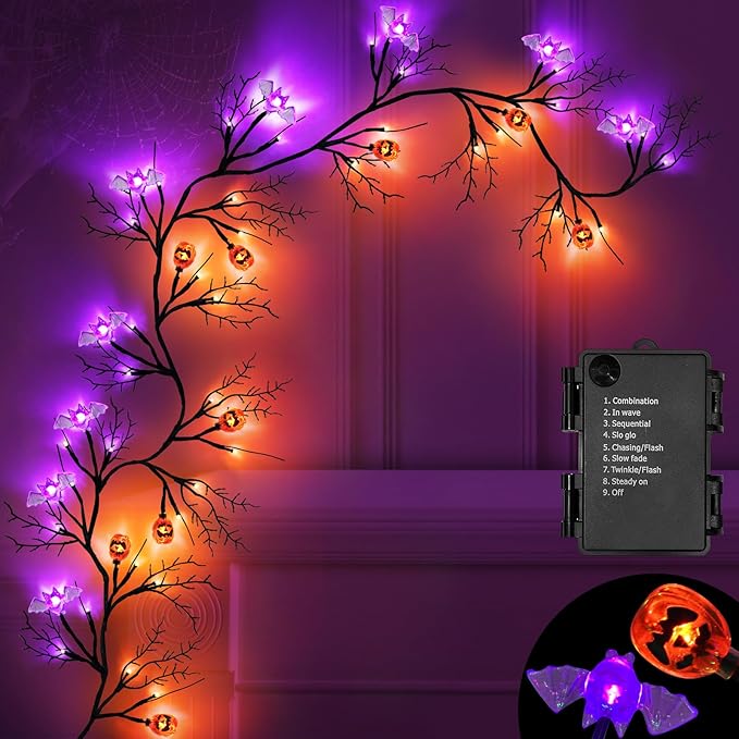 6 Ft 54 LED Halloween Willow Vine Twig Decor Garland with 8 Modes Timer 9 Pumpkins 9 Bats Waterproof Battery Operated Scary Halloween Decorations for Home Wall Mantle Fireplace Decor