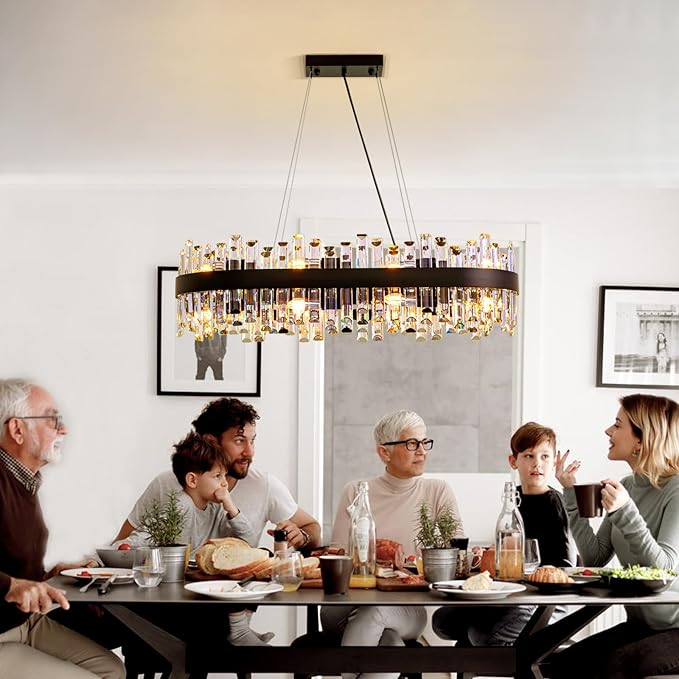 Siljoy Modern Crystal Chandelier for Dining Room, 16-Light Black Oval 2-Tiers Crystal Raindrop Chandelier, Farmhouse Dimmable Crystal Pendant Ceiling Light for Living Room Kitchen Island L35.4''