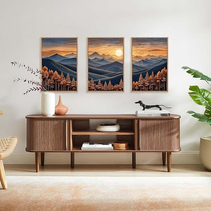 HOURIA Large Woodland Mountain Sunset Framed Canvas Wall Art Set,Wilderness Wooden Forest Landscape Wall Decor,Nature Botanical Artwork,Boho Pine Tree Art Print for Living Room,Bedroom-24 x36 x3