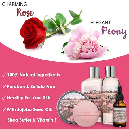 Bath Spa Gift Sets - Luxury Basket With Rose Oil & Peony - Spa Kit Includes Wash, Bubble Bath, Lotion, Bath Salts, Body Scrub, Body Spray, Shower Puff, Bathbombs, Soap and Towel