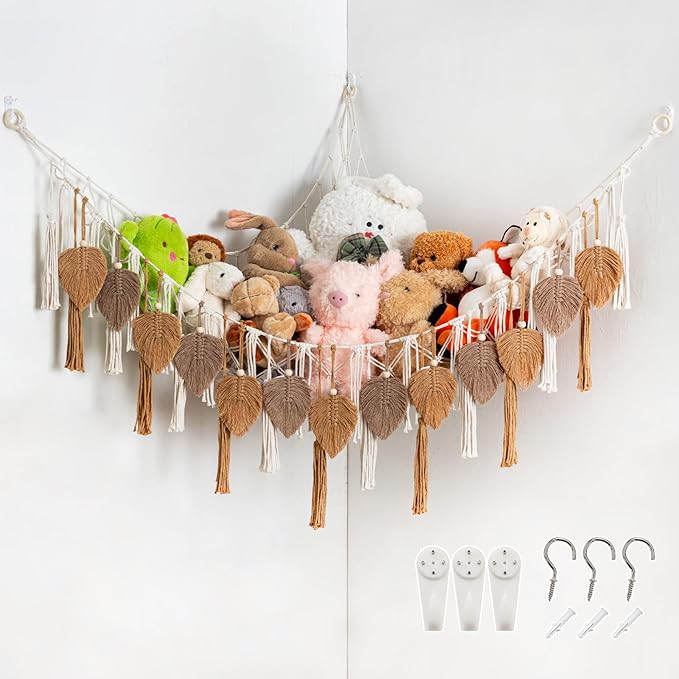 Pretty Jolly Stuffed Animal Storage with Hand Woven Leaf Tassels Hammock Corner Hanging Net Boho Macrame Plush Storage for Kid Room Nursery Decor Wall Display for Girls Gift(Coffee)