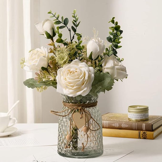 YJ Fake Flowers with Vase, Silk Roses Artificial Flowers in Vase, Faux Flower Plant Arrangement Suitable for Home Office Decoration, White