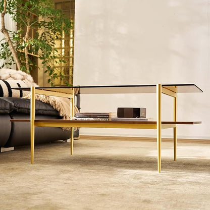 AGV LIGHTING Tadio Glass Coffee Table, Mid-Century Modern Coffee Table for Living Room, Gold Finish Leg, Coffee Brown Glass Top & Walnut Shelf, 41 in Length