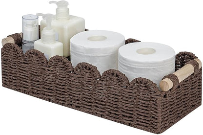 CubesLand Paper Rope Scalloped Edge Shelves Storage Basket, Woven Toilet Paper Baskets for Over Toilet Storage Shelf, Floating Shelves Organizing or Home Décor, with Wood Handle, Brown