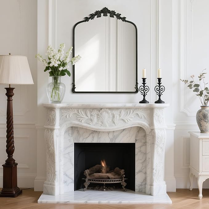 WallBeyond Black Antique Mirror for Vanity 28x36 Inch, Black Vintage Mirror with Ornate Frame, Arched Vintage Wall for Bathroom, Living Room, Fireplace
