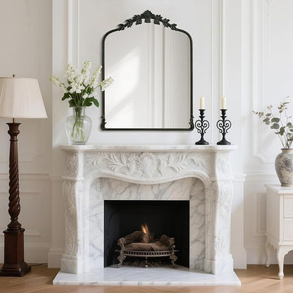 WallBeyond Black Antique Mirror for Vanity 28x36 Inch, Black Vintage Mirror with Ornate Frame, Arched Vintage Wall for Bathroom, Living Room, Fireplace