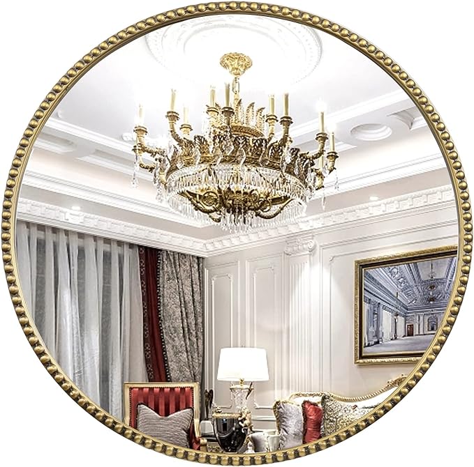 Round Bathroom Wall Mirror, 28"x28" Antique Gold Metal Beaded Frame Vanity Mirror, Wall Mounted Large Circle Makeup Mirror for Bedroom, Living Room, Entryway