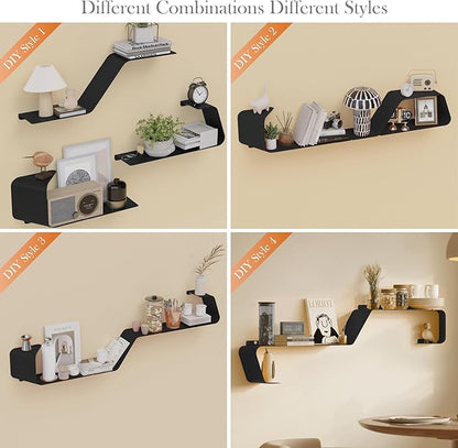Floating Shelves, Wall Shelf, Set of 3 Wall Mounted Metal Shelves with Unique Design for Wall Storage, Book Shelf, Display Shelves for Bathroom Bedroom Kitchen Living Room for Home Black