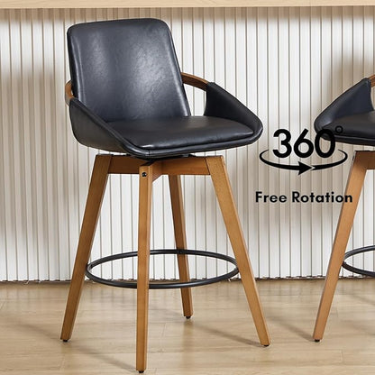 Mid-Century Swivel Bar Stools Set of 6, 26.5 inch Counter Height Barstools PU Leather Bar Chairs with Wooden Frame for Kitchen Island Dining Room, Black