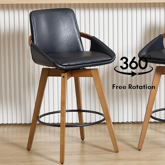 Mid-Century Swivel Bar Stools Set of 4, 26.5 inch Counter Height Barstools PU Leather Bar Chairs with Wooden Frame for Kitchen Island Dining Room, Black