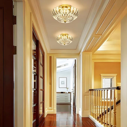 Mid Century Modern Gold Semi Flush Mount Ceiling Light Fixture,3 Lights Flower Glass Close to Ceiling Lighting Fixtures for Bedroom Hallway Kitchen Foyer Bathroom Closet Laundry Room 11.8 inch