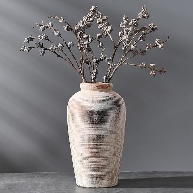 Large Ceramic Rustic Vase, 11 inch Minimalist Decorative Farmhouse Tall Vase for Home Decor, Living Room, Shelf Decor, Enterway, Wedding, Table Decoration, Gray