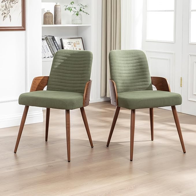 Dining Room Chairs,Mid Century Modern Kitchen Chairs,Green Corduroy Fabric Upholstered Chairs,Metal Legs Wooden Desk Chairs,Armless and No Wheels for Kitchen Dining Room,1PCS