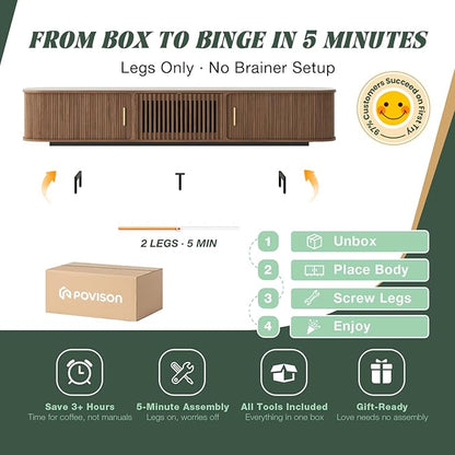 POVISON Sliding Tambour Door TV Stand, Mid Century Modern Sintered Stone TV Console, Wood Media Console for 85 Inch TV, Entertainment Center with Storage Cabinet, Fully-Assembled (Walnut, 94.49")