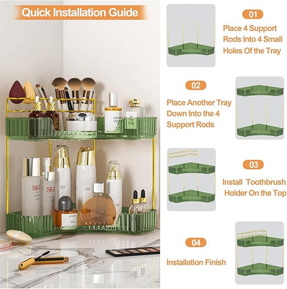 SUNZOS Bathroom Counter Organizer, Corner Vanity Cosmetic Storage with Makeup Brush Holder, Countertop Organizers for Dresser (2 Tier, Green)