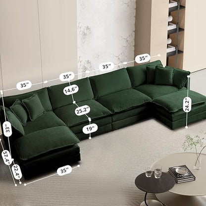 SoarFlash Chenille Sectional Sofa, Comfy L/U Shaped Modular Coush Sofa with Ottoman, Modern 4 Seat Couch Deep Seat Sofa Set for Living Room,Green