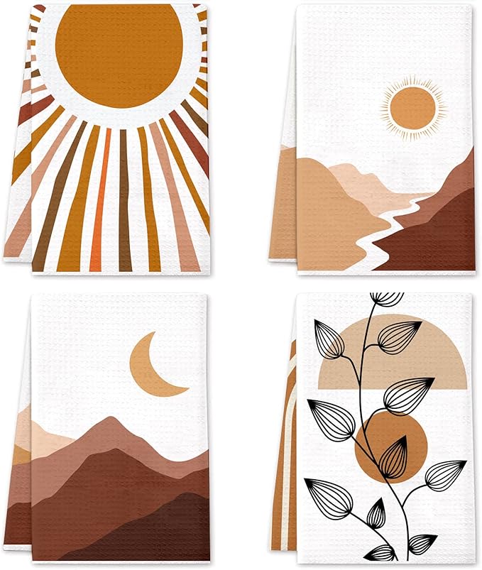 Boho Kitchen Dish Towels 4 Pack Mountains Rivers Sun and Moon Absorbent Tea Towels