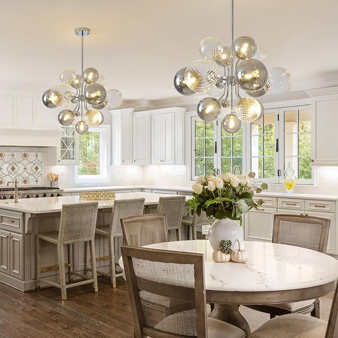 Mid Century Bubble Chandelier 8-Light 24in Globe Sputnik Pendant Light Fixture Modern Silver Chandeliers with 15 Bubbles LIght Fixtures for Dining Room Kitchen Living Room Bedroom Entryway Foyer