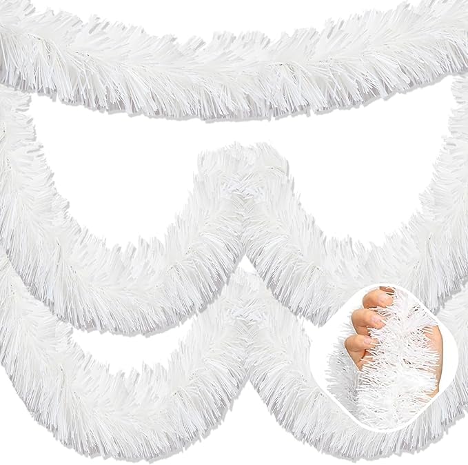 50 Feet Macaron White Christmas Tinsel Garland, Metallic Foil Twist Garland Wall Hanging Tinsel Banner Backdrop for Parade Floats, Easter, Mother's Day, Wedding Party Decorations (2in x 50ft)