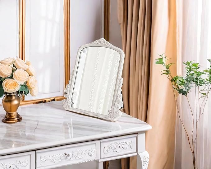 11.8" x 9.6" Small White Arched Vanity Mirror, Vintage Makeup Mirror Baroque Style Arendahl Carved Mirror with Frame for Desk Decorative Table Aesthetic