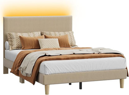 Bestier Full Bed Frame with Adjustable Headboard, LED Lighting, Vertical Channel Tufted Corduroy Upholstered, Solid Wooden Slats Support, No Box Spring Needed, Never Squeaks, Easy Assembly, Taupe