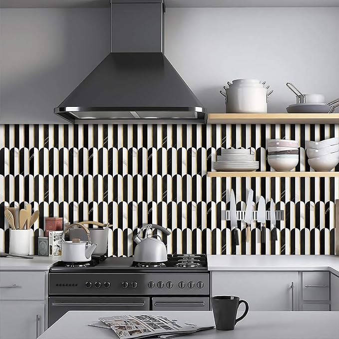 Vamos Tile Peel and Stick Backsplash Seamless Tile,Stick on Backsplash for Kitchen and Bathroom,Marble Look PVC Mixed Metal Gold Self Adhesive Metal Mosaic Tiles (10 Sheets)