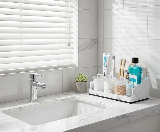 Bathroom Counter Organizer with 3PCS Qtip Holder, Marble Toothbrush Holders for Bathrooms, Bathroom Organizers and Storage with Drain Holes, Electric Toothbrush Holder, Vanity Organizer