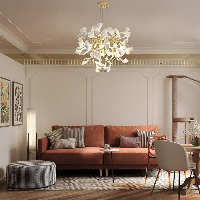 Modern 23.6'' Gold and White Ceramic Ginkgo Leaf Tree Branches Chandeliers, Dining Room Chandelier Over Table, Round Chandelier for Living Room,for Foyer, Kitchen, Bathroom, Bedroom