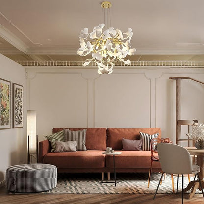 Modern 23.6'' Gold and White Ceramic Ginkgo Leaf Tree Branches Chandeliers, Dining Room Chandelier Over Table, Round Chandelier for Living Room,for Foyer, Kitchen, Bathroom, Bedroom