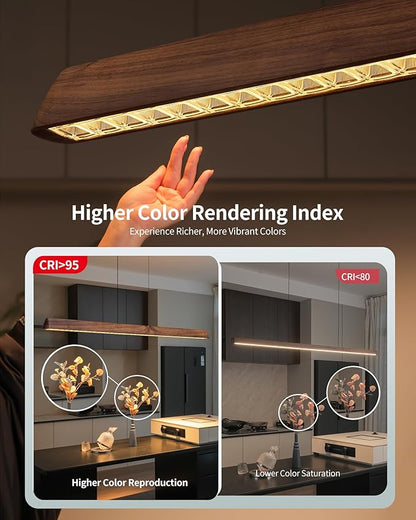 59" Wood Linear Pendant Light, Dimmable Kitchen Island Lighting with Remote, 30W LED Island Lights for Kitchen, Adjustable Linear Chandelier for Dinning Room Light Fixture, Bar, Pool Table Light