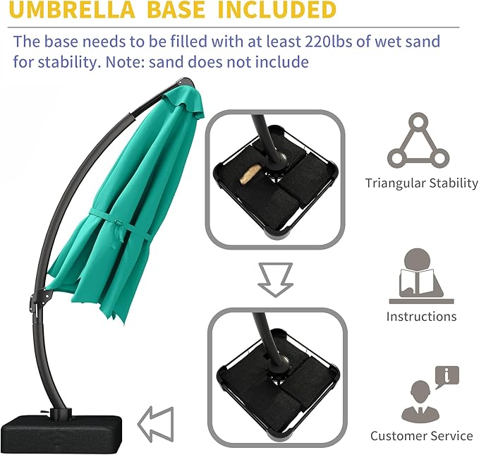 Kingdura 12ft Offset Cantilever Patio Umbrella with Base Included, Large Round Aluminum Outdoor Umbrella, 360° Rotation & Infinite Tilt, Heavy Duty Frame for Deck Pool Backyard, Turquoise blue