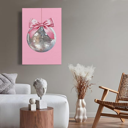 APJYM Pink Coquette Room Decor, Funky Y2K Disco Ball Preppy Wall Art, Preppy Room Decor, Trendy Retro Pink Aesthetic Posters Wall Decor for Teen Girls Bedroom Dorm Apartment Decor, 16x24 Inches Framed