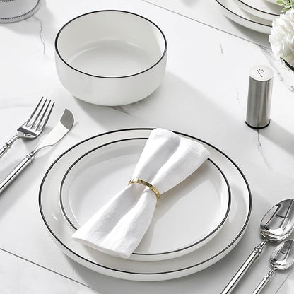 MALACASA Plates and Bowls Sets, 24 Pieces Modern Porcelain Dinnerware Set for 8 White Kitchen Dinner Dining Ware Set wtih Black Rim Ceramic Dishware Dishes Microwave and Dishwasher Safe, Series LUNA