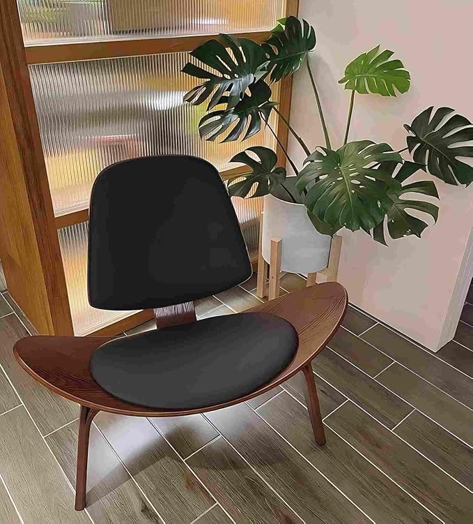 homary Leather Walnut Tripod Accent Chair, High Back Lounge Chair with Soft Faux Leather Seat, Sturdy Wood Frame for Living Room Bedroom (Black)