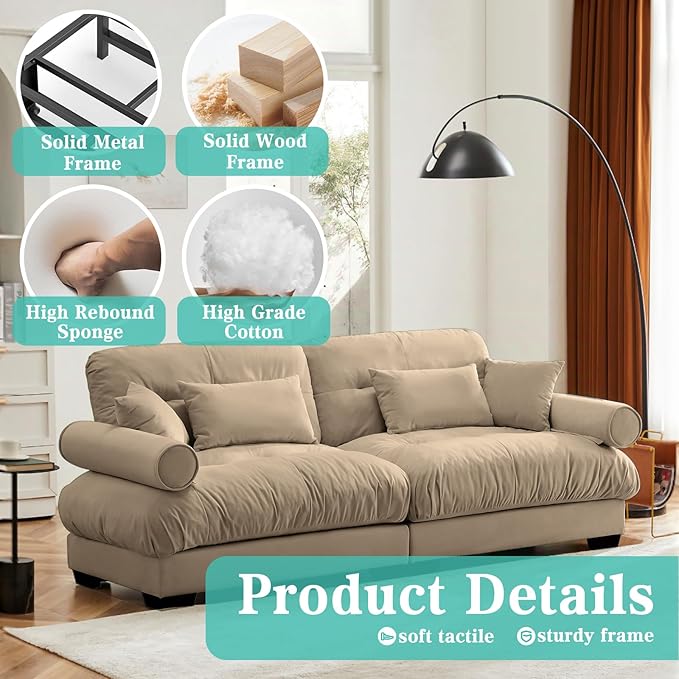 SoarFlash Living Room Velvet Sofa, Loveseat Sofa for Apartment, Storage Sofa with Solid Wood Frame, Easy to Install (93.7inch, Brown)