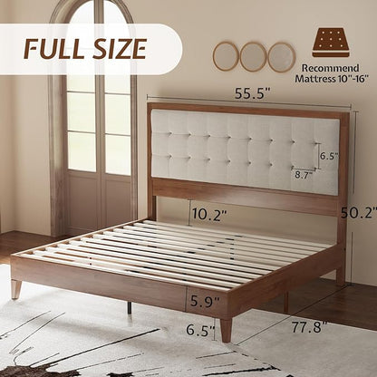 Jocisland Wood Full Size Bed Frame,Tall Upholstered Tufted Headboard, Solid Wood Platform, No Box Spring Needed, Walnut
