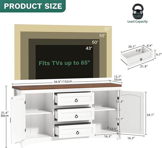 YITAHOME TV Stand for 65 Inch TVs, 31.4" Tall Entertainment Center with Storage Cabinets and Drawers, Media TV Console with Barn Doors for Living Room, White