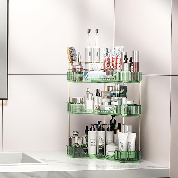 3 Tier Corner Bathroom Organizer Countertop, Vanity Makeup Organizer with Brush Holder, Space-Saving Skincare Storage Corner Shelf for Bathroom, Kitchen