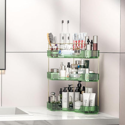 3 Tier Corner Bathroom Organizer Countertop, Vanity Makeup Organizer with Brush Holder, Space-Saving Skincare Storage Corner Shelf for Bathroom, Kitchen