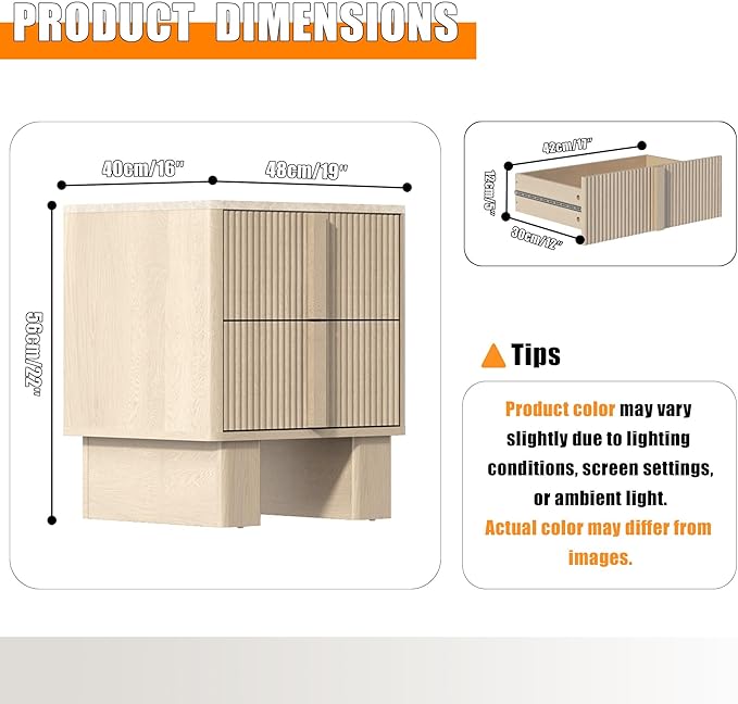 Fluted Night Stand set 2 with Charging Station, 22" Tall END Table with 2 Large Storage Drawers and 2 widened reinforced legs, Modern Bedside Table for Bedroom, Living room, Whitewashed Oak, 2