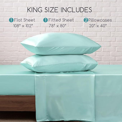 MR&HM Satin Bed Sheets, King Size Sheets Set, 4 Pcs Silky Bedding Set with 15 Inches Deep Pocket for Mattress (King, Turquoise)