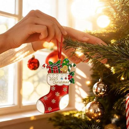 Christmas Stocking Ornament 2025 for Tree Decorations Stockings Gift, Metal Dated Ornaments 2025 Keepsake Yearly Hanging Ornaments for Xmas Tree Wreath Decor Holiday Party Supplies Snowflake