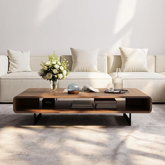 Acanva Mid Century Modern Coffee Table with Storage Shelf, Center Tables with Metal Legs, for Living Room/Office/Reception, Easy Assembly