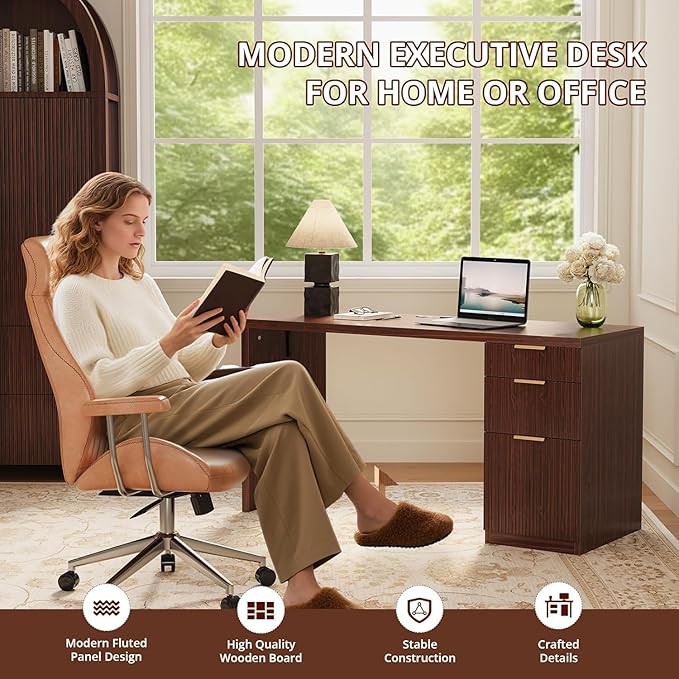 FURSUN 58" Modern Executive Desk with Storage, Home Office Desk with Drawer & Cabinet, Wooden Fluted Desk for Study, Living Room, Bedroom, Dark Walnut