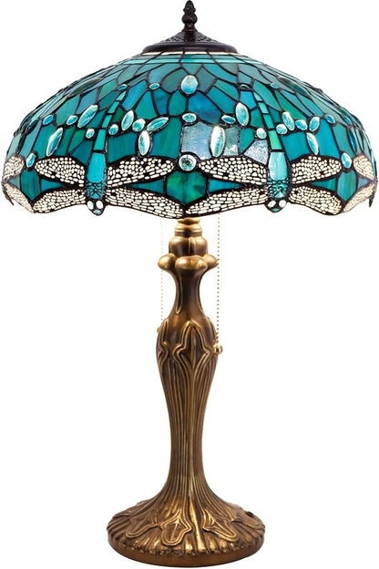 WERFACTORY Tiffany Table Lamp Green Stained Glass Dragonfly Bedside Lamp 16X16X24 Inches Desk Reading Light Metal Base Decor Bedroom Living Room Home Office S622 Series