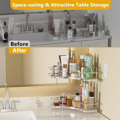 FOLLOWIN 2 Tier Bathroom Countertop Corner Organizer,Countertop Perfume Vanity Counter Shelf,Skincare Makeup Cosmetic Vanity Organizers,Silver