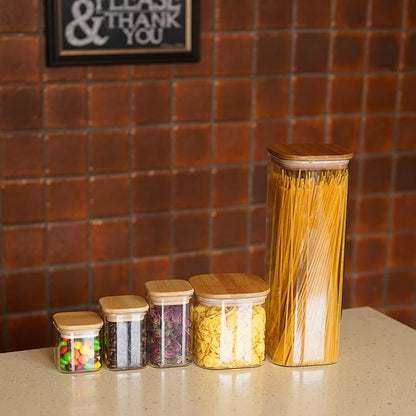 Glass Food Storage Jars Square 61oz, 3 Pack Glass Jars With Bamboo Lids, Kitchen Storage Containers For Spice, Candy, Cookie, Storage For Pantry Organizers