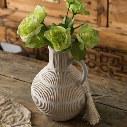 Rustic Ceramic Vase for Home Decor, Farmhouse Decorative Vases for Pampas Grass, Terracotta Vase with Tassel Design, Handle Flower Vase, Clay Vase for Living Room Decoration, 8 inch Tall