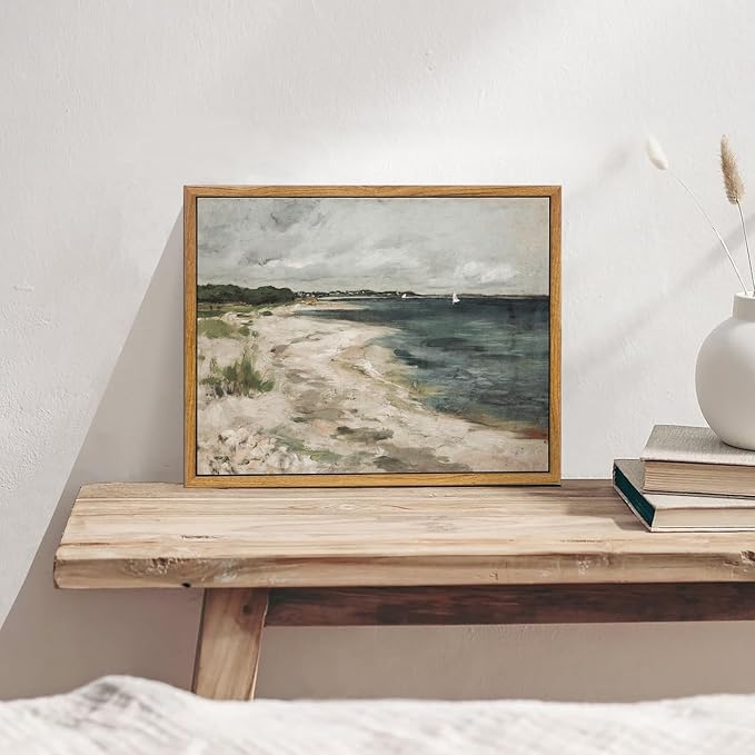 KBKBART Vintage Wall Art, Retro Coastal Seaside Beach House Framed Canvas Art Prints Painting Farmhouse Decor, Rustic Impressionism Scenic Landscape Wall Decor for Bathroom, Bedroom(9"x11")